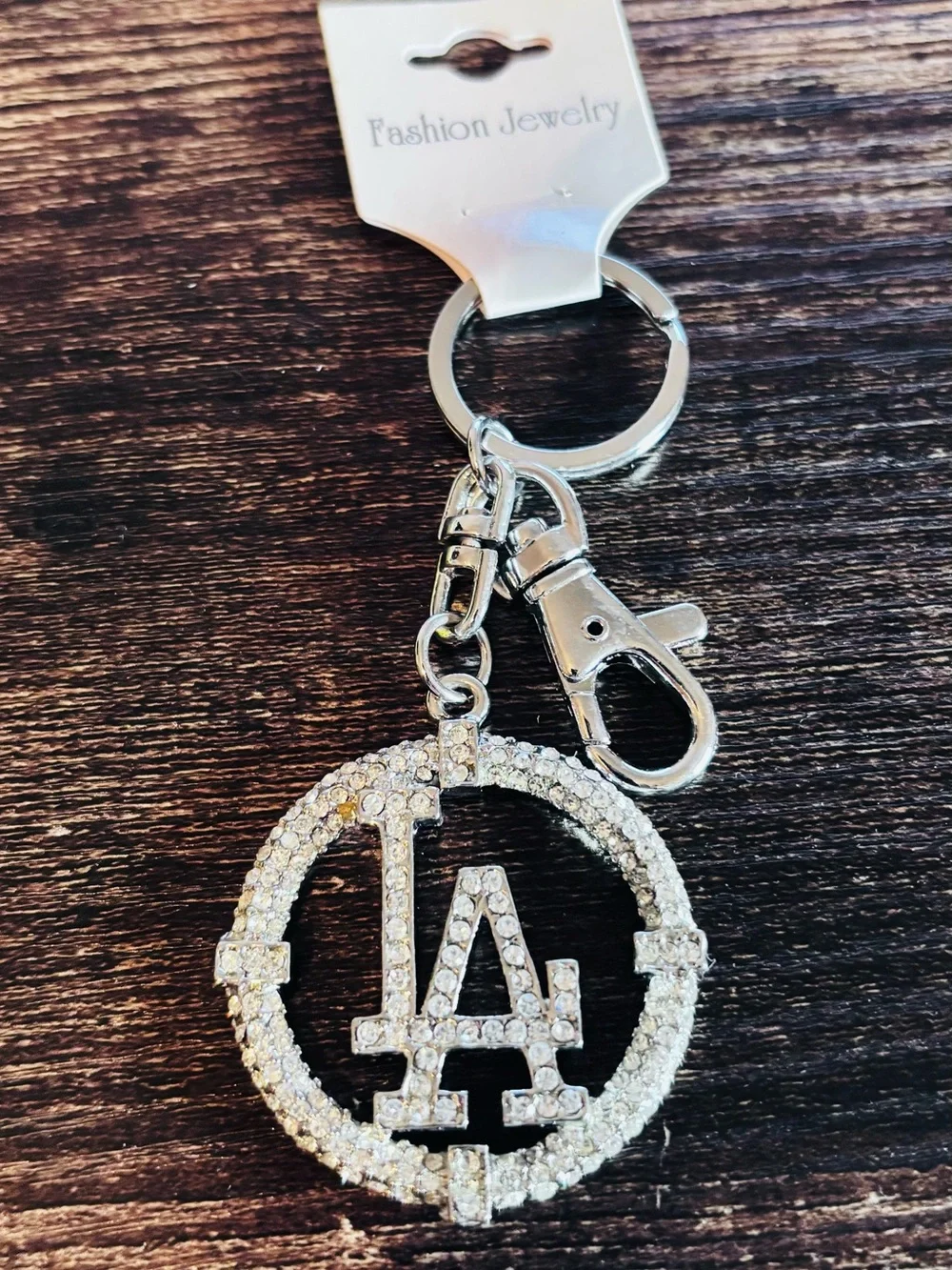 Silver Tone Rhinestone LA Circle Keychain - Picture 3 of 3